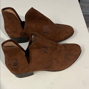 Brown Suede Embroidered Ankle Boots